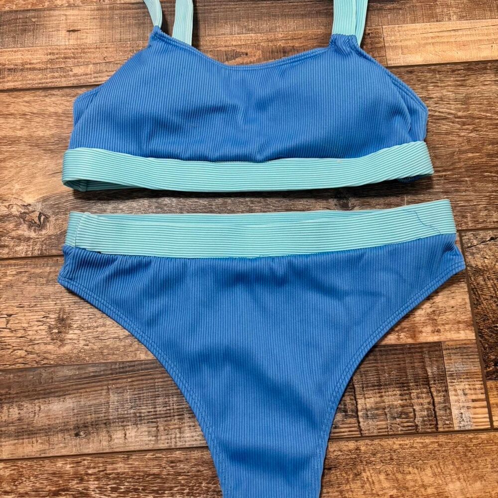 SHEIN Textured Women's Blue Medium High Rise Two Toned Teal Royal Bikini Set